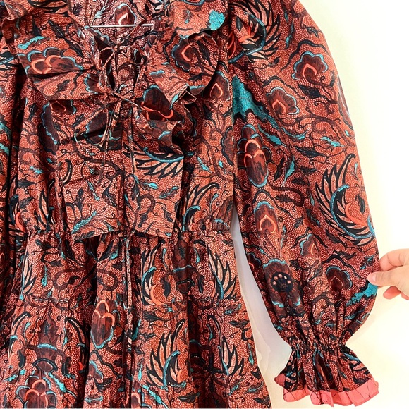 ULLA JOHNSON Caris Long Sleeve Ruffle Dress In Red Oversized Fit - Picture 6 of 15